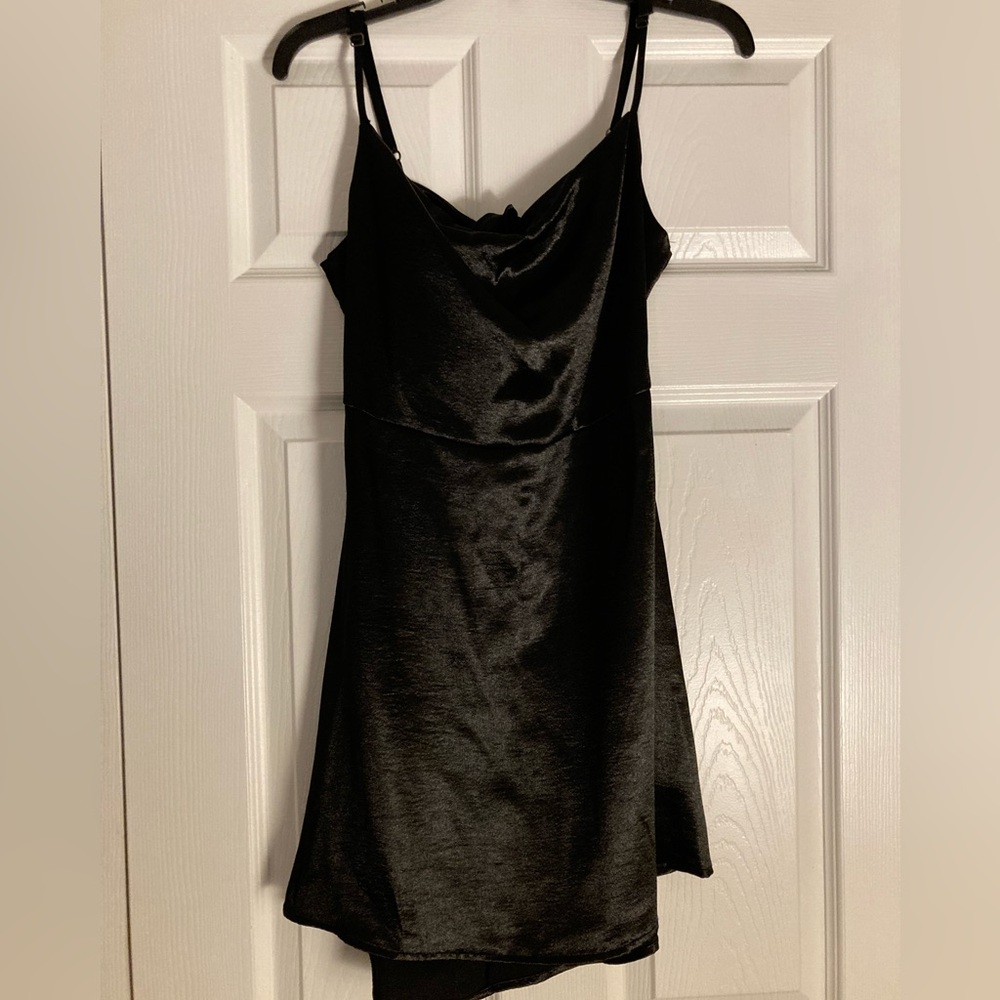Black faux satin mini dress